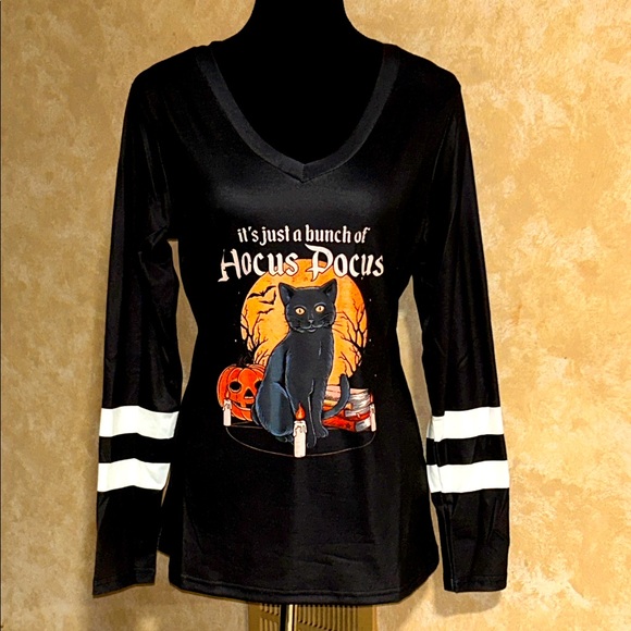 🐈‍⬛ Hocus Pocus Cat Print Long Sleeve Striped V Neck T-Shirt - Picture 2 of 10